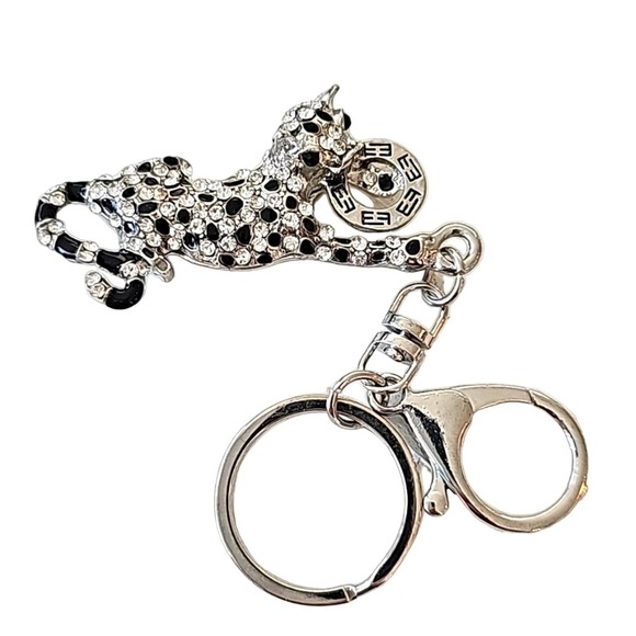 Rhinestone Black and White Cougar Key Chain with Purse Attachment Silvertone - Picture 1 of 5